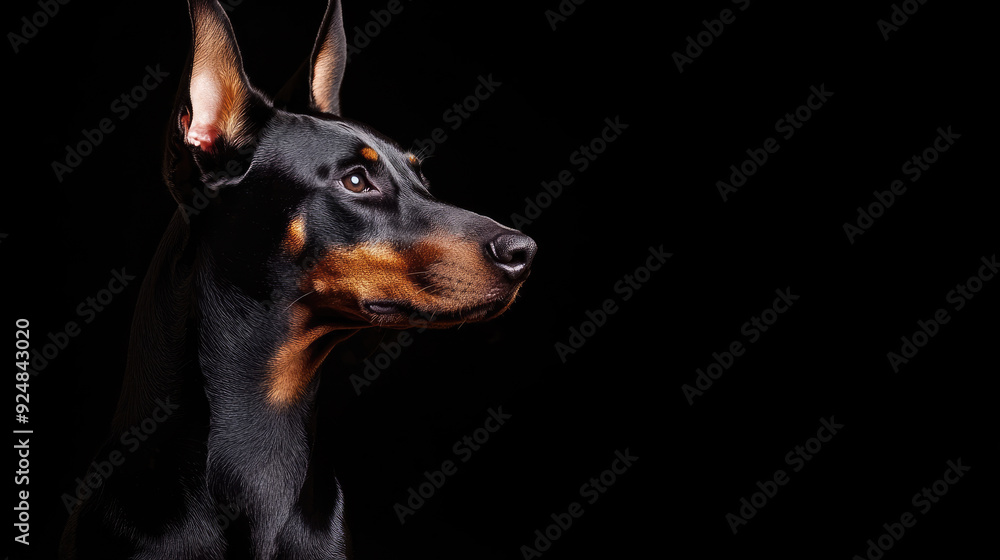 An elegant Doberman portrait against a dark background, highlighting its beauty and strength