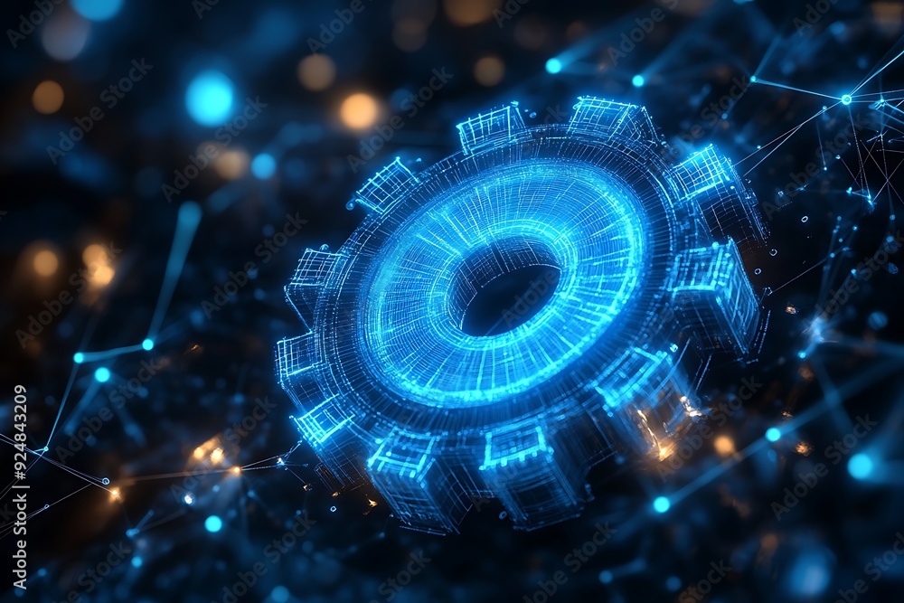 Obraz premium Digital 3d gear icon with binary code, artificial intelligence in system setting optimization, automation workflows, software customization options, and personalized user interfaces design 