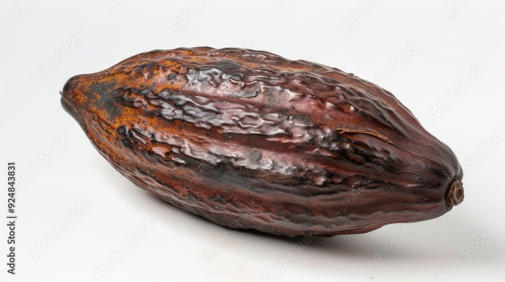 Cocoa pod displayed against white backdrop Cocoa pod displayed against white backdrop