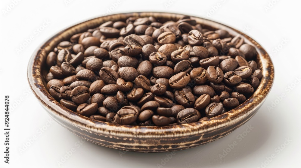 Fototapeta premium Coffee beans arranged in a dish against white backdrop