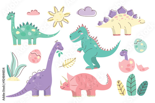 Cute Dinosaur Kids Style Set. Cute character. Flat vector illustration for children