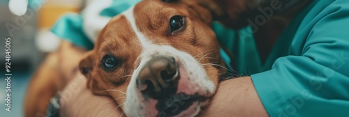 An emotional close-up of a brown dog being lovingly hugged, capturing the bond and affection between humans and their furry friends. photo