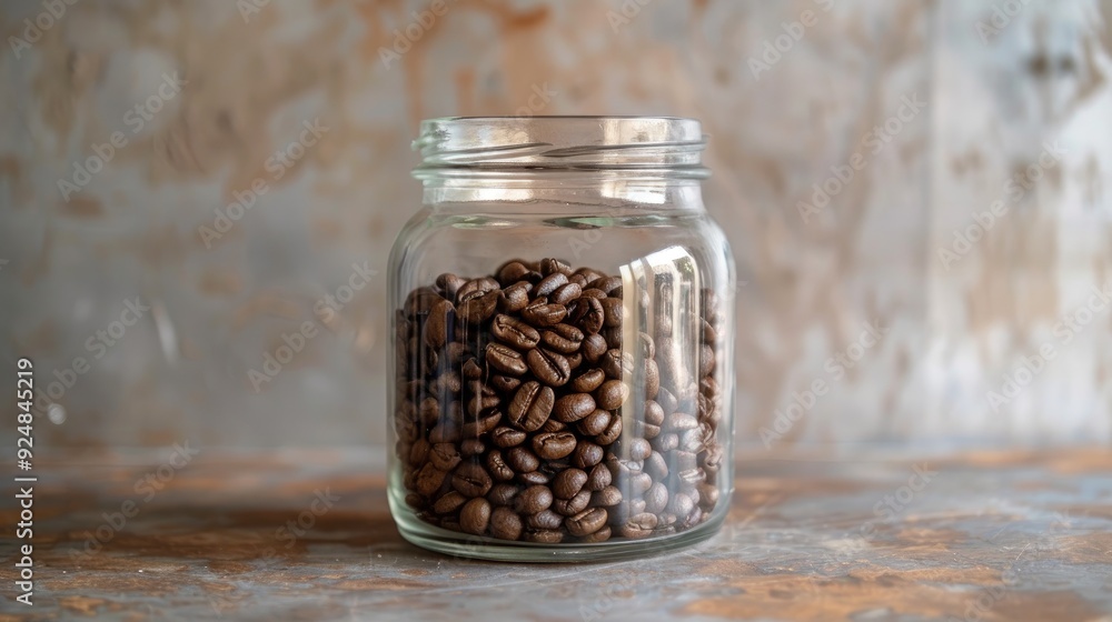 Coffee beans stored in a clear jar on a table in a neutral color Coffee beans stored in a clear jar on a table in a neutral color