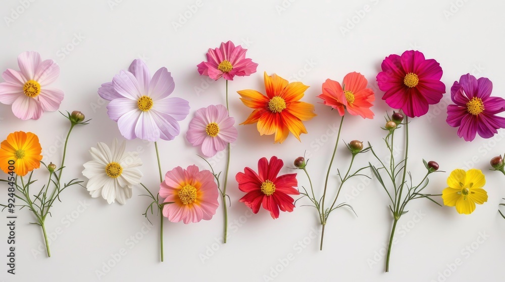 Colorful cosmos flowers seen from above on a white backdrop Colorful cosmos flowers seen from above on a white backdrop