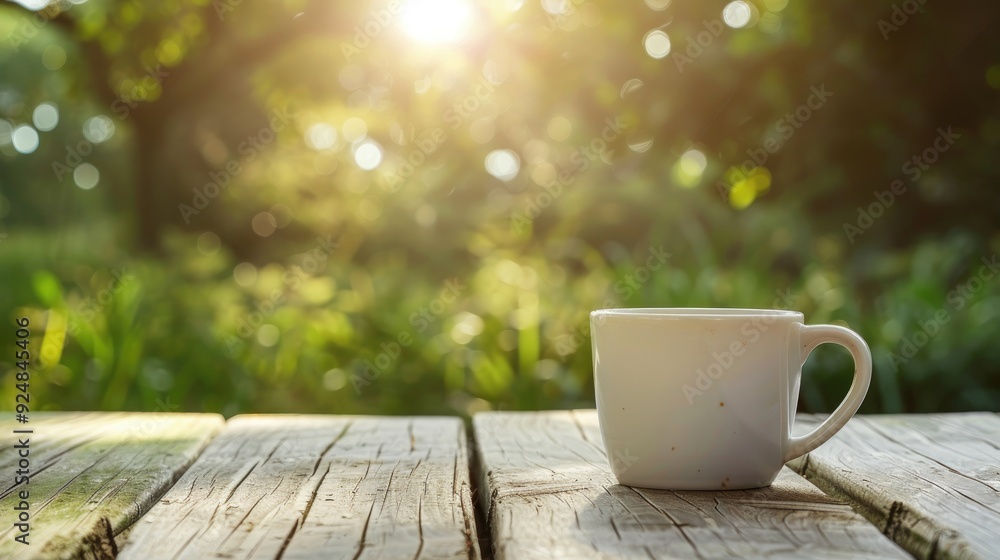 Coffee cup on wooden table outdoors Coffee cup on wooden table outdoors