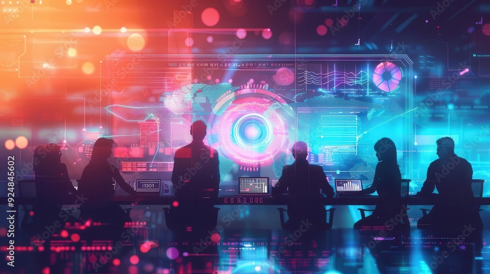 Team collaborating on virtual screens from different locations, front view, synchronized project management, scifi tone, colored pastel, Team collaborating on virtual screens from different locations, front view, synchronized project management, scifi tone, colored pastel,