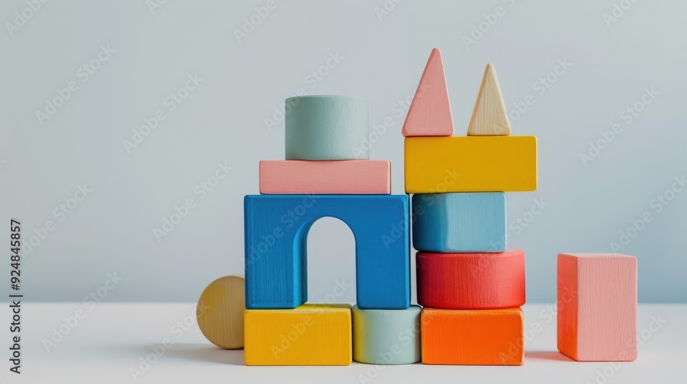 Obraz premium Colorful block toys for cognitive growth on white backdrop