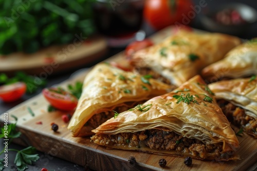 Slobbery samsa with ground meat in flaky pastry photo