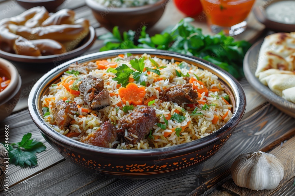 Various Uzbek dishes served at a restaurant with a traditional concept Homemade Pilaf on wood table Various Uzbek dishes served at a restaurant with a traditional concept Homemade Pilaf on wood table