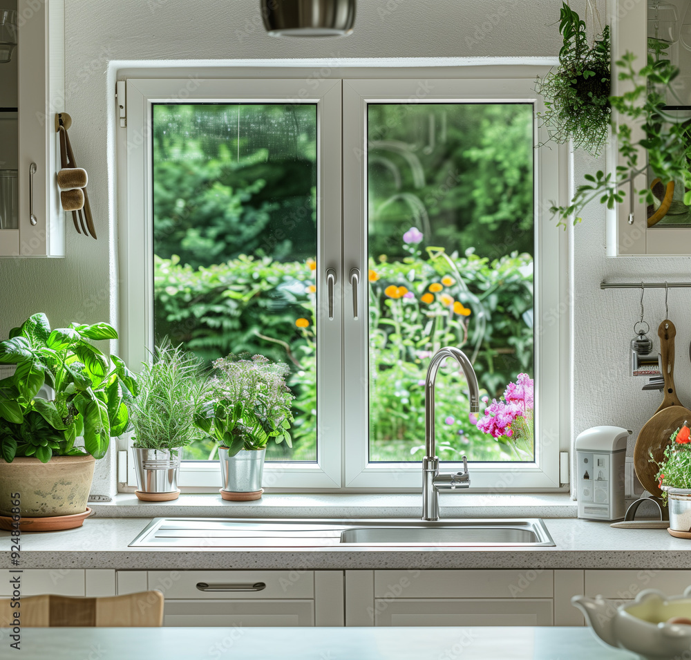 Fototapeta premium there is a kitchen sink with a window and a lot of plants