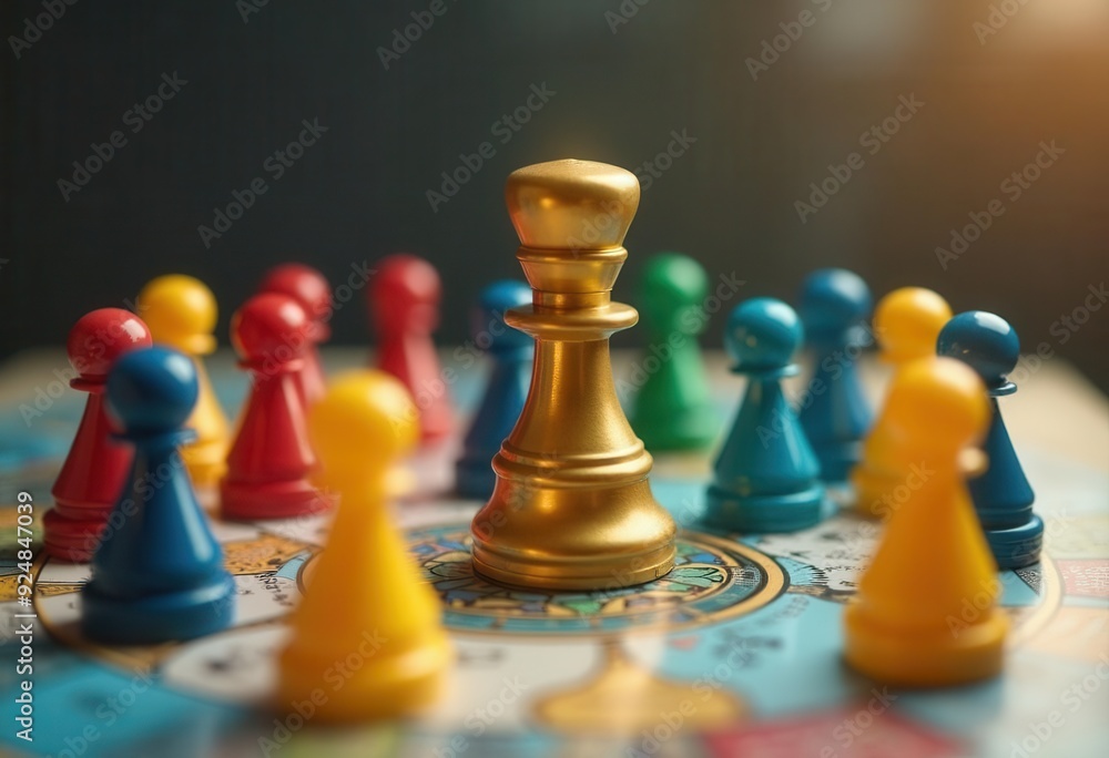 A golden king surrounded by colored pawns on a board game during evening light A golden king surrounded by colored pawns on a board game during evening light