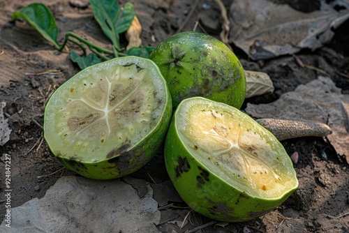 Wood apple fruit also known as stone apple on Indian ground with seeds used in medicine photo