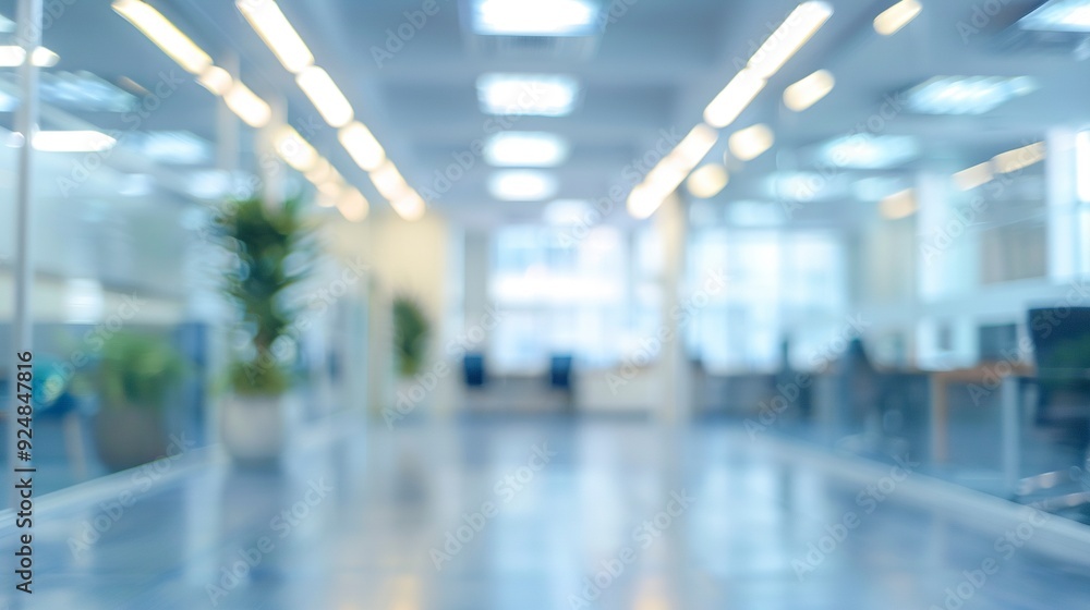 Blurred empty open space office. Abstract light bokeh at office interior background for design,generative ai Blurred empty open space office. Abstract light bokeh at office interior background for design,generative ai
