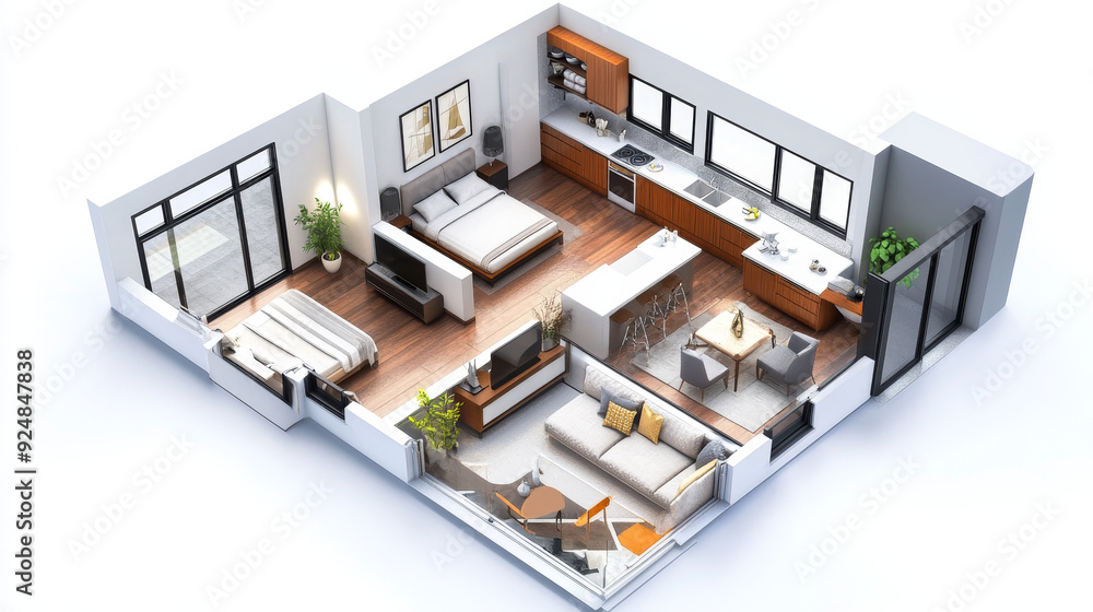 A detailed 3D rendering of a floor plan featuring a one-bedroom layout. The design includes a kitchen, living area, and bathroom, A detailed 3D rendering of a floor plan featuring a one-bedroom layout. The design includes a kitchen, living area, and bathroom,