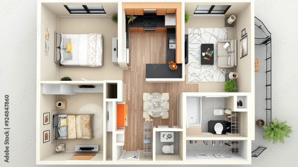 A detailed 3D rendering of a floor plan featuring a one-bedroom layout. The design includes a kitchen, living area, and bathroom, A detailed 3D rendering of a floor plan featuring a one-bedroom layout. The design includes a kitchen, living area, and bathroom,