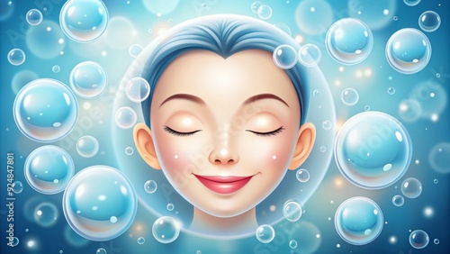 Illustrated cartoon face with happy expression and closed eyes, surrounded by water droplets and gentle soap bubbles, symbolizing refreshing cleansing and skincare routine.