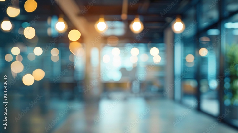 Blurred empty open space office. Abstract light bokeh at office interior background for design,generative ai Blurred empty open space office. Abstract light bokeh at office interior background for design,generative ai