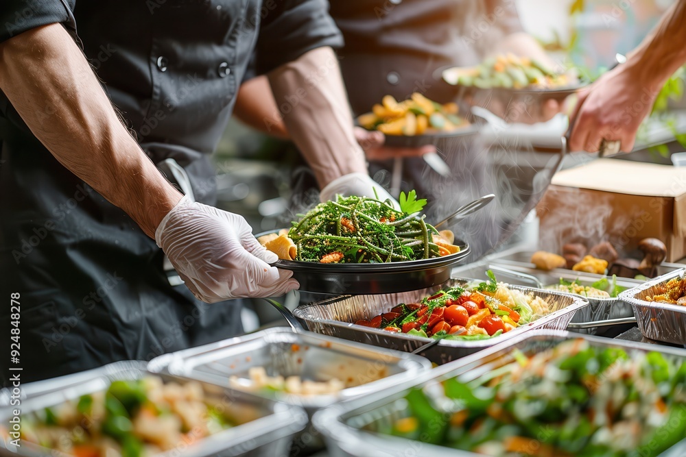 Obraz premium Takeaway Food: Chefs Preparing Delicious Meals in Restaurant Kitchen