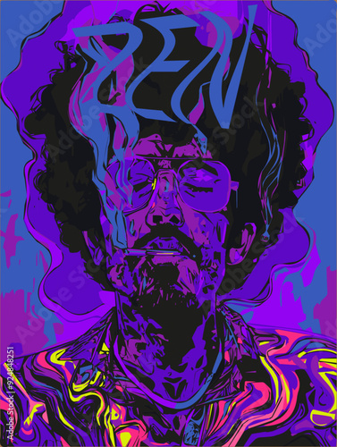 Psychedelic vector illustration of a man with an afro, glasses, and a cigarette, in vibrant purple and blue tones. The word “Zen” is incorporated. Ideal for contemporary art, poster
