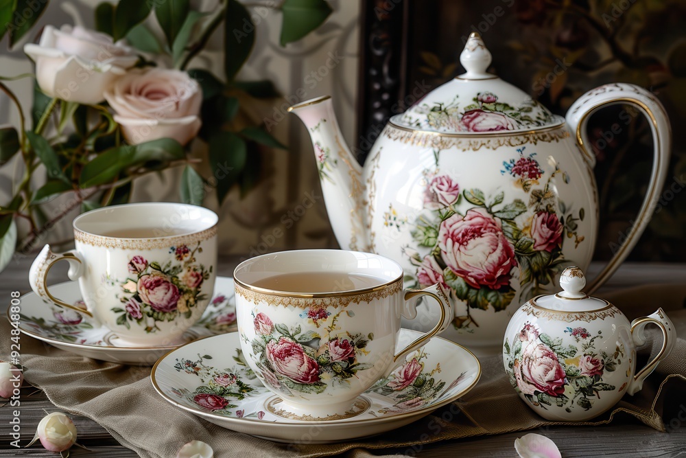 Tea Set. Traditional English Tea with White Floral Dishware for Afternoon Tea Tea Set. Traditional English Tea with White Floral Dishware for Afternoon Tea