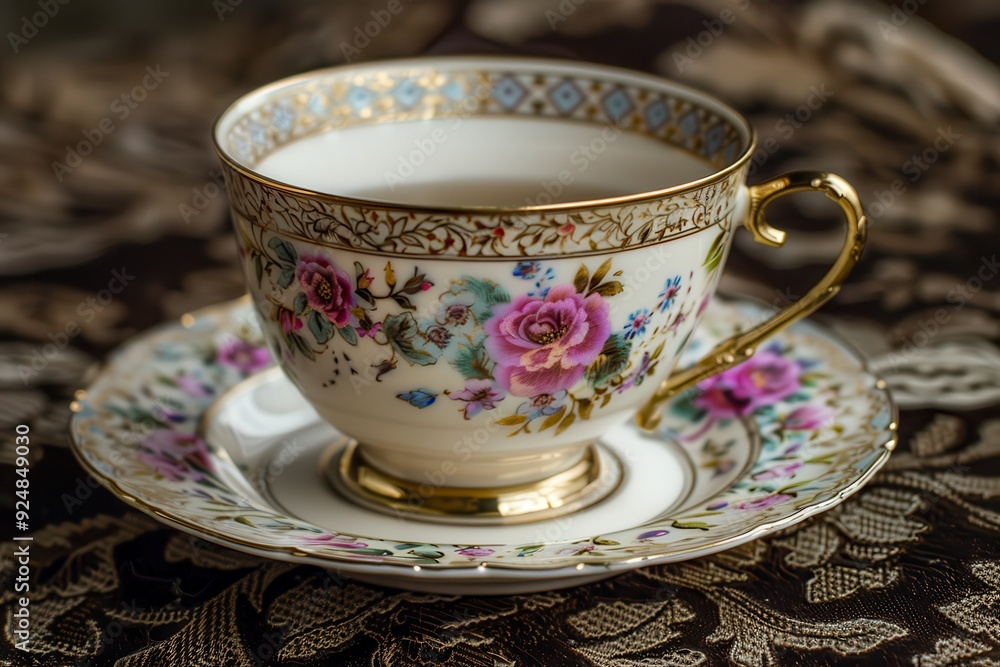 Teacup. Delicate Bone China Cup and Saucer with Elegant Floral Pattern Teacup. Delicate Bone China Cup and Saucer with Elegant Floral Pattern
