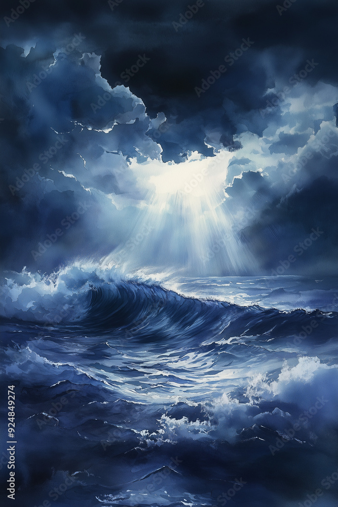 A dramatic ocean scene with turbulent waves under a dark, stormy sky, where a beam of light breaks through the clouds, illuminating the water A dramatic ocean scene with turbulent waves under a dark, stormy sky, where a beam of light breaks through the clouds, illuminating the water