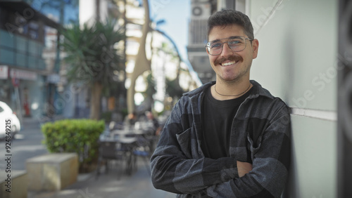 A cheerful young hispanic man with a moustache standing with crossed arms on a city street. photo