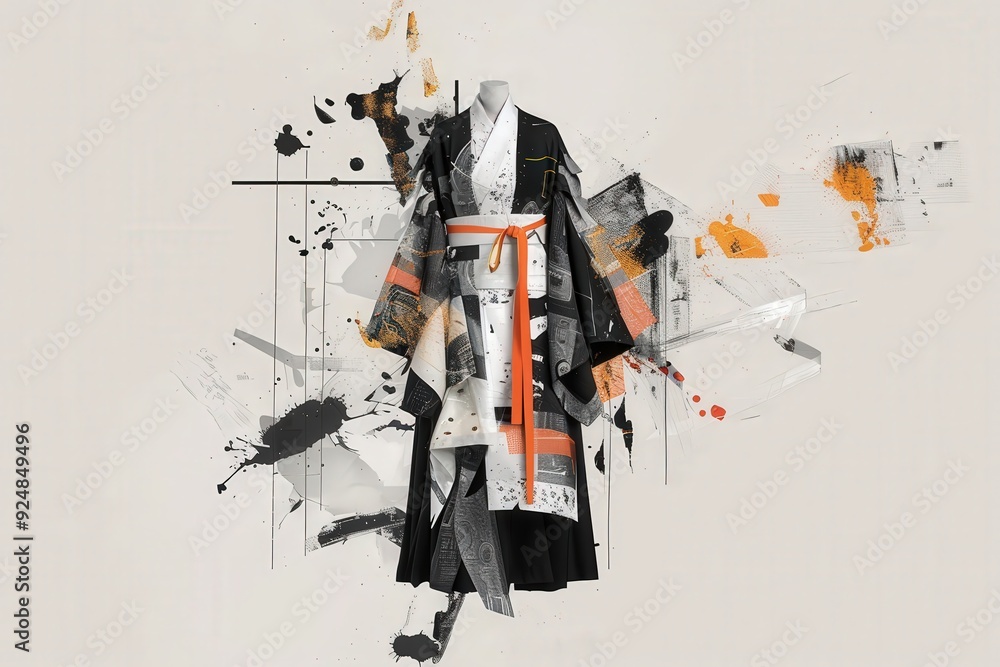 Fototapeta premium A black and orange kimono is displayed on a white background