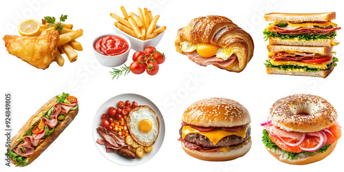 Breakfast png set collection in 3d transparent no background in fastfood concept.