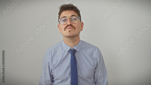 Handsome young hispanic man with moustache in formal shirt and tie against white background