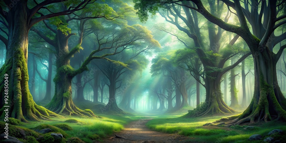 Obraz premium Mystical forest with big trees and foggy atmosphere, magical, enchanting, nature, woodland, ethereal, mysterious, mist, atmospheric