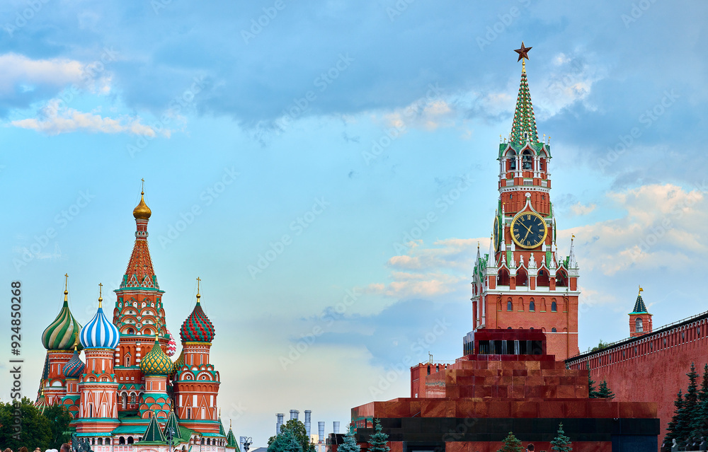 Saint Basil's Cathedral and Spasskaya Tower in Moscow, Russia Saint Basil's Cathedral and Spasskaya Tower in Moscow, Russia