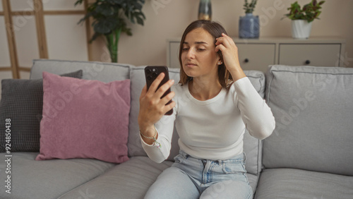 A young, beautiful, blonde woman sits in her living room, using a smartphone, leaning on a comfortable couch with pastel cushions, set in a modern, cozy home interior.