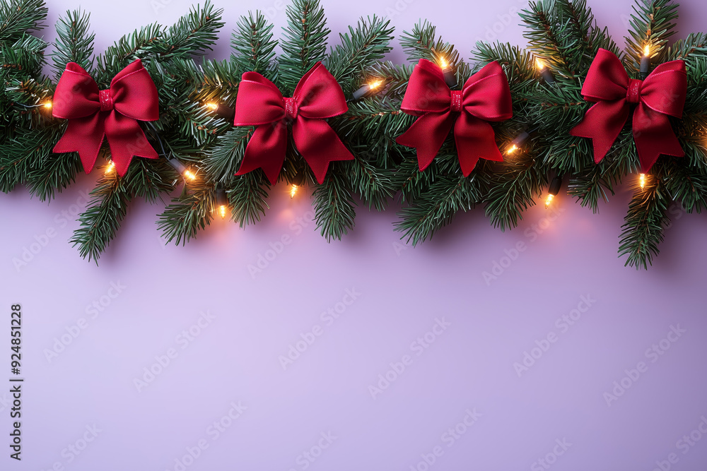 Christmas Garland with Red Bows and Lights on Purple Background Christmas Garland with Red Bows and Lights on Purple Background