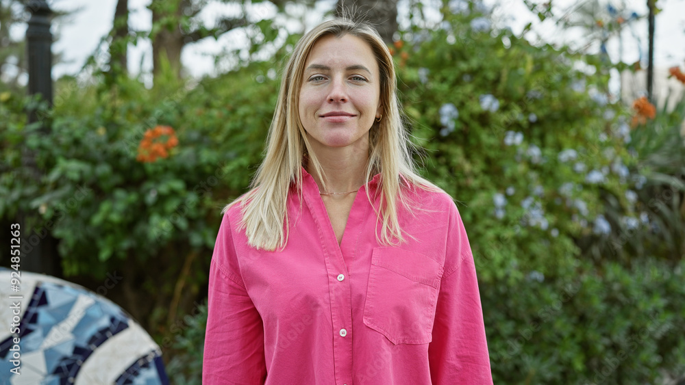 A young blonde woman in a pink shirt stands serenely in a lush garden setting, exuding a sense of calm and natural beauty. A young blonde woman in a pink shirt stands serenely in a lush garden setting, exuding a sense of calm and natural beauty.