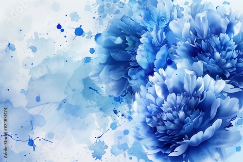 Blue peonies and blue splashes of paint, abstract floral background, blue and white color.