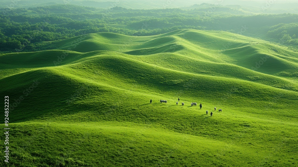 Obraz premium A group of people and cattle are roaming on lush, rolling green hills under a hazy sky, ideal for depicting serene rural life, pastoral landscapes, or promoting eco-tourism,