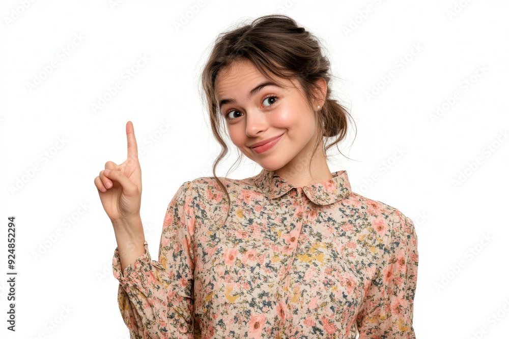 A cheerful young woman in a blouse, making a playful gesture with one finger pointing to the side, against a white background that offers plenty of space for creative content A cheerful young woman in a blouse, making a playful gesture with one finger pointing to the side, against a white background that offers plenty of space for creative content