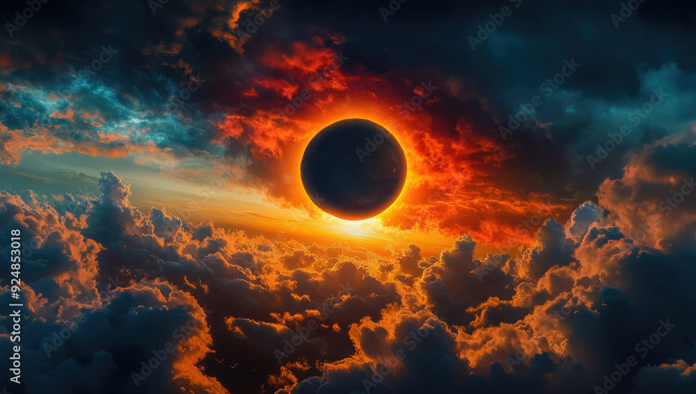 Dramatic Solar Eclipse with Sun Partially Obscured by Moon, Spectacular Sky at Dusk with Clouds and Smoke Dramatic Solar Eclipse with Sun Partially Obscured by Moon, Spectacular Sky at Dusk with Clouds and Smoke