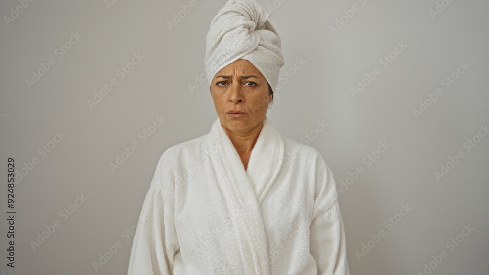 Woman wearing bathrobe and towel looking concerned isolated on white background Woman wearing bathrobe and towel looking concerned isolated on white background