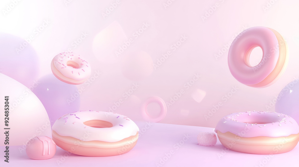Doughnuts floating on pink background, pink and purple, 3d render Doughnuts floating on pink background, pink and purple, 3d render