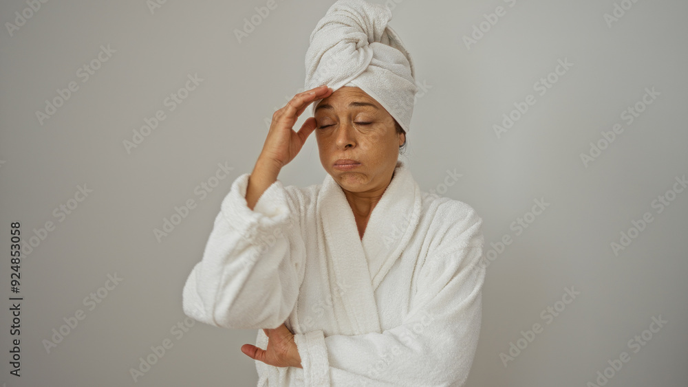 Woman looking tired wearing white bathrobe and towel on head against white background, isolated, adult, female, mature, brunette, middle age, hispanic, elderly, beautiful Woman looking tired wearing white bathrobe and towel on head against white background, isolated, adult, female, mature, brunette, middle age, hispanic, elderly, beautiful