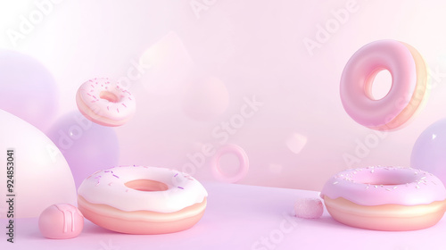 Doughnuts floating on pink background, pink and purple, 3d render