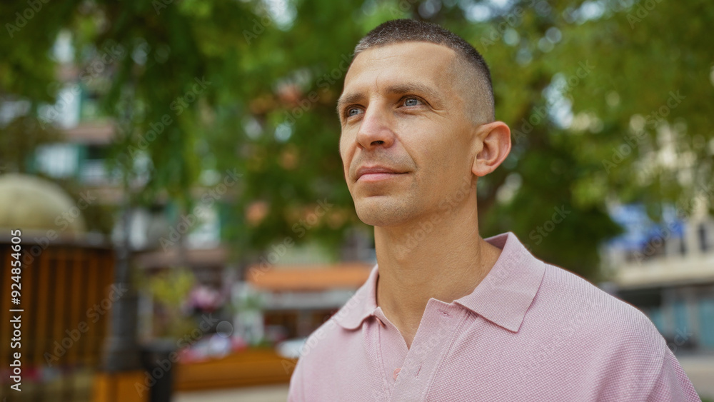 Young man in an urban park setting, wearing a pink shirt, looking confident and thoughtful Young man in an urban park setting, wearing a pink shirt, looking confident and thoughtful