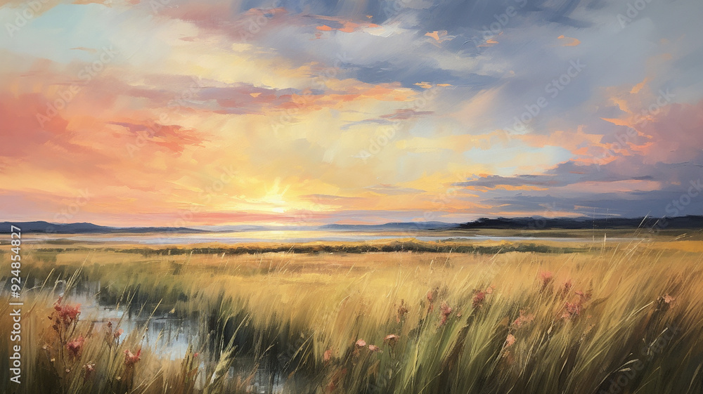 Obraz premium A peaceful bay with sailboats anchored as the sun sets, casting a warm glow on the water and coloring the sky in rich hues