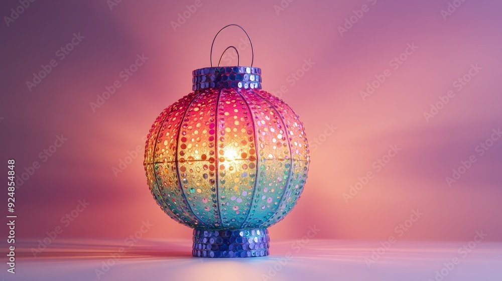 Fototapeta premium Handcrafted paper lantern with multicolored sequins on minimalist pink background. Diwali festival
