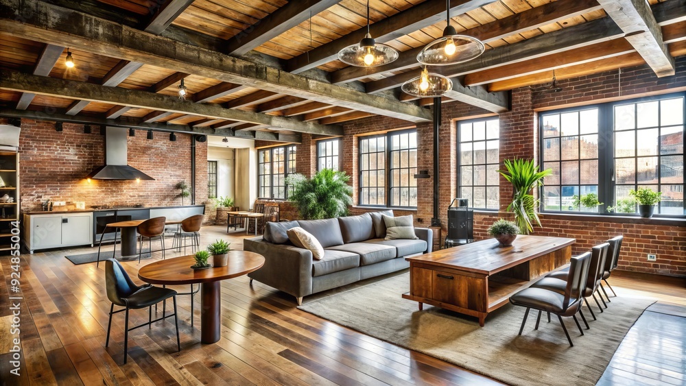 Rustic, converted brick warehouse in trendy New York neighborhood features exposed ductwork, wooden beams, and industrial chic aesthetic, perfect for urban lifestyle photography. Rustic, converted brick warehouse in trendy New York neighborhood features exposed ductwork, wooden beams, and industrial chic aesthetic, perfect for urban lifestyle photography.