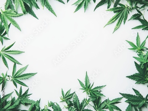 Beautiful cannabis leaves gathered from the bottom to the center of the image, white background, high detailed professional photo