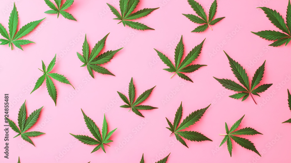 Cannabis leaves on a pink background, flat lay, top view. Green cannabis leaves pattern. Hemp leaves Cannabis leaves on a pink background, flat lay, top view. Green cannabis leaves pattern. Hemp leaves