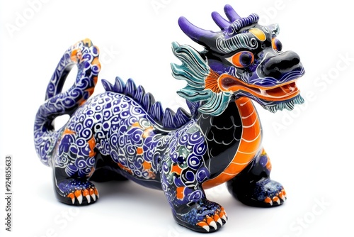 The 12 animal designations PNG: A lovely dragron baby in a woodcarving style with a very cute design, a Chinese traditional folk mud dog art style. photo